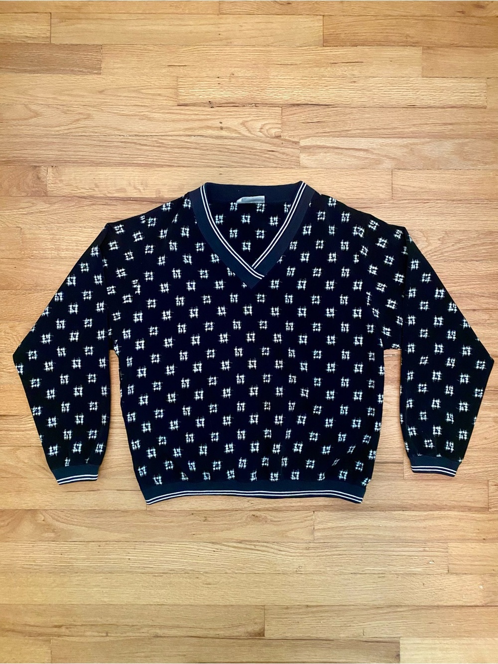 Vintage M Marcia Black & White Grid V-Neck Sweater - Late 80s / Early 90s